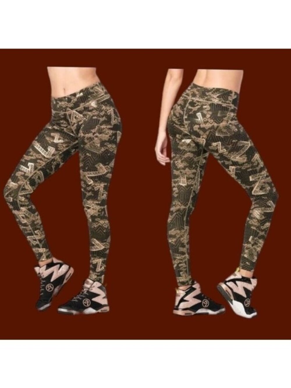 Zumba High Waisted Camo Performance legging Gold/Black Small